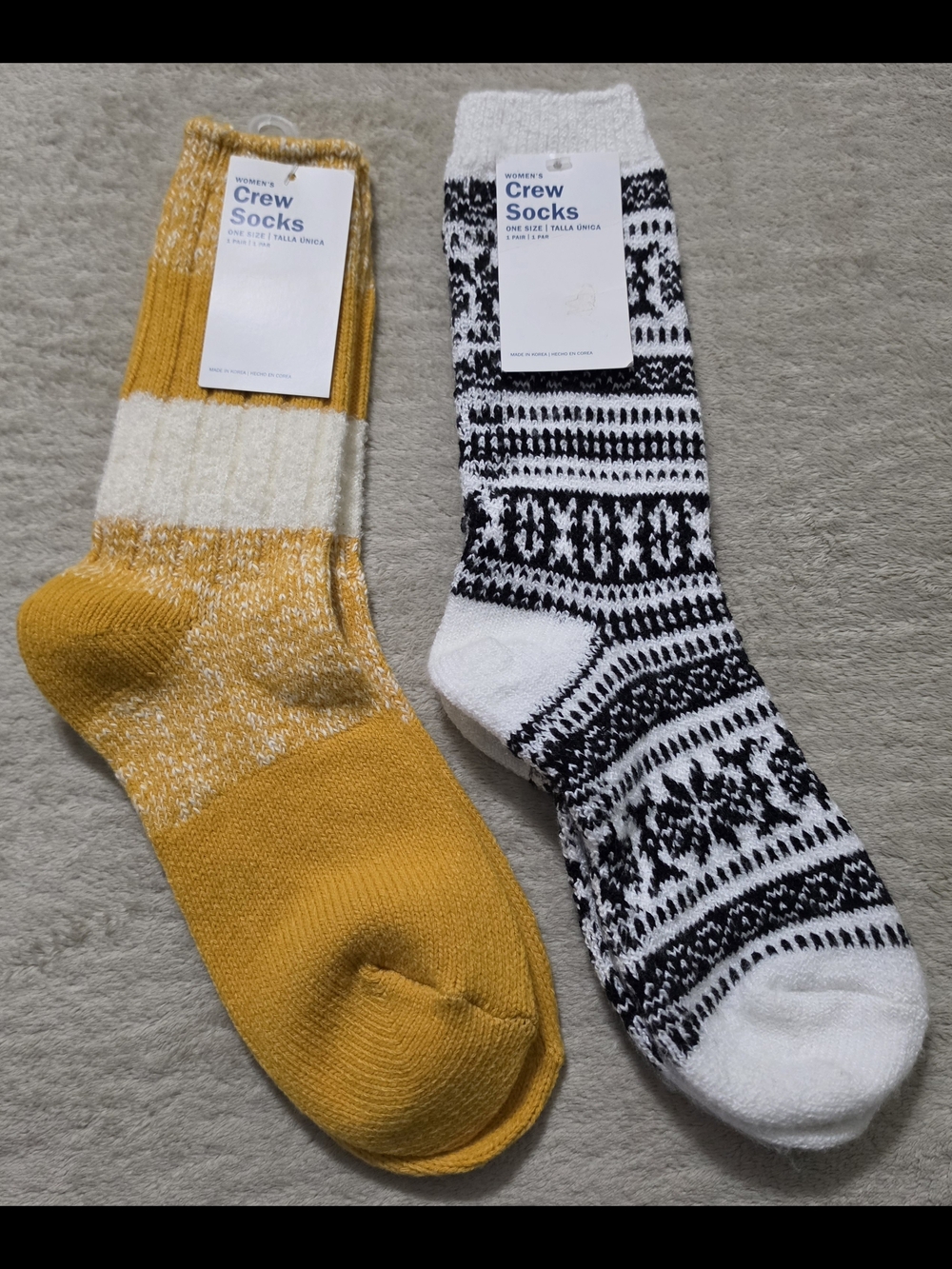 2 Pair Old Navy Women's Crew Socks - Mustard Yellow & Black/White Fair Isle Pair